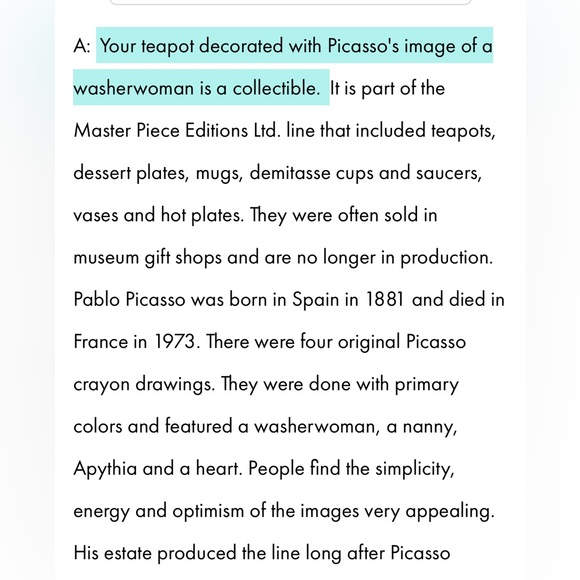 Vintage 1996 Picasso The Washerwoman 1962 Masterpiece Art Teapot - Picture 8 of 8